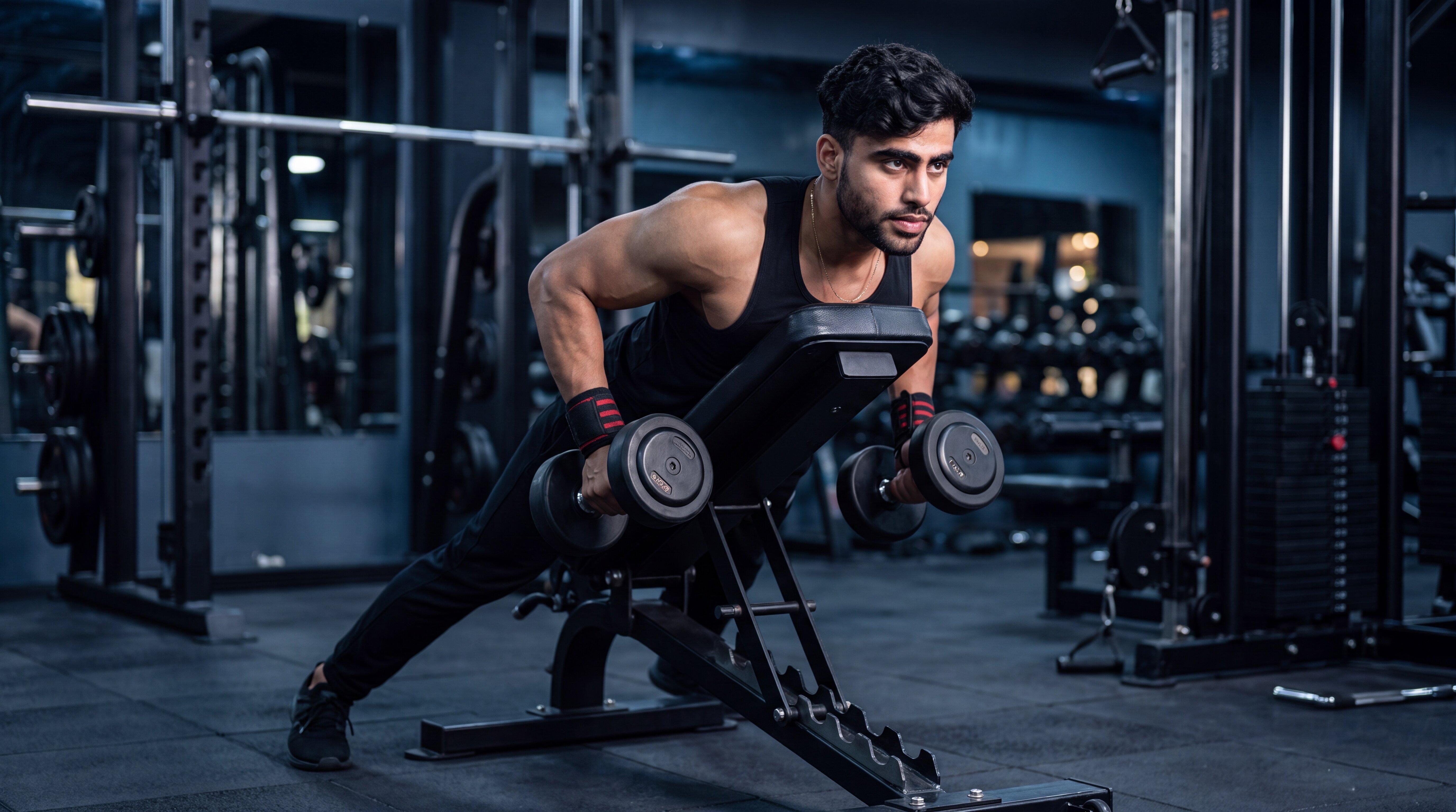 Athlete performing a chest-supported dumbbell row